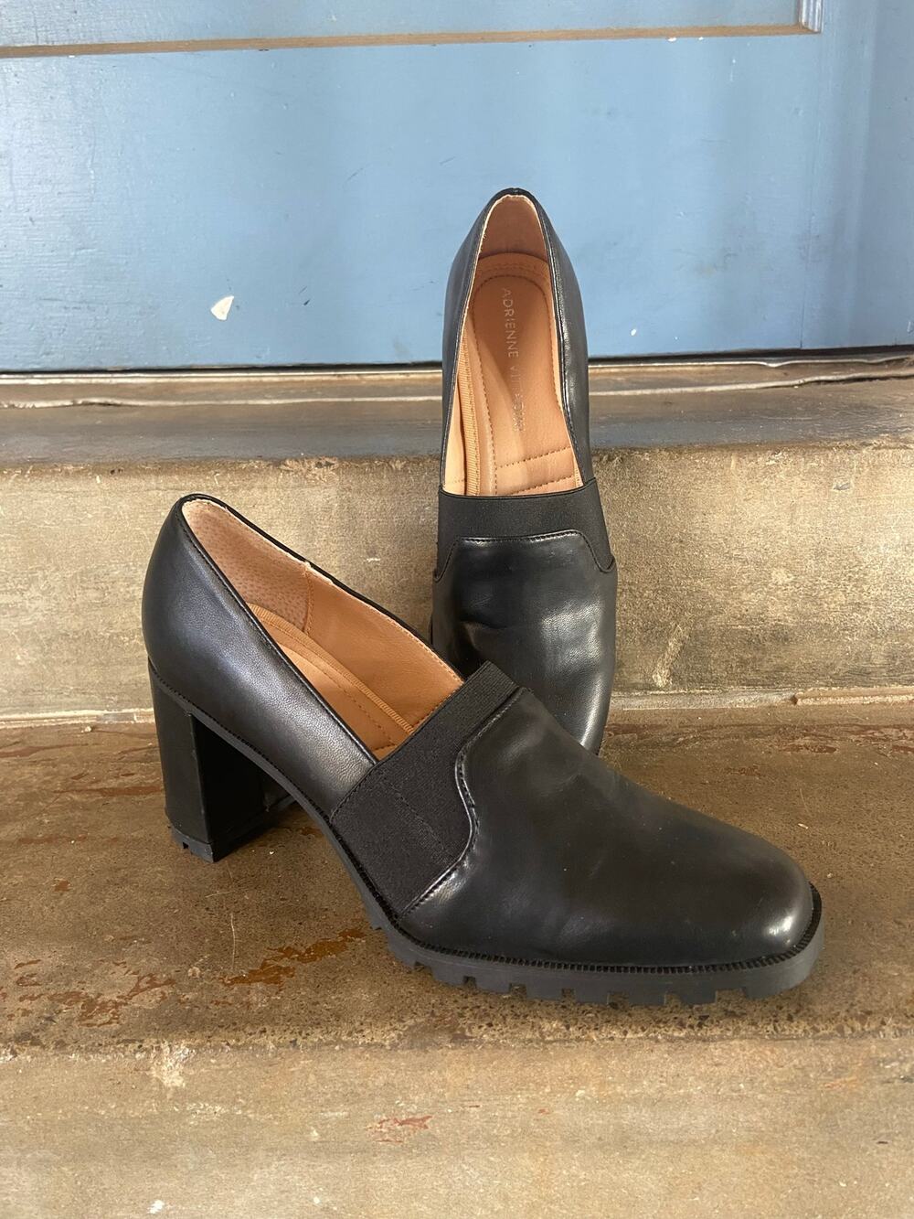 Adrienne Vittadini black round toe heeled loafer with lug sole